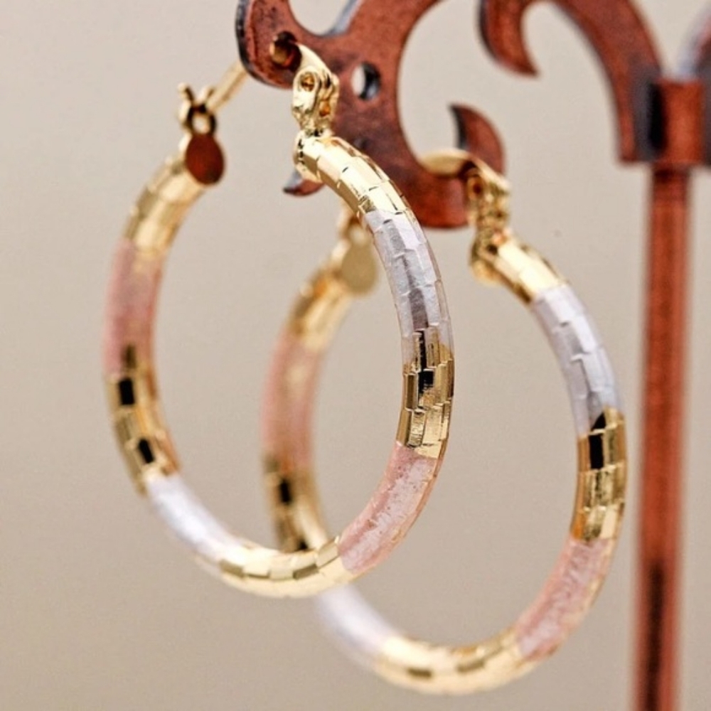 Tri Tone Classy Diamond Cut Hoop Earrings Ear Ring